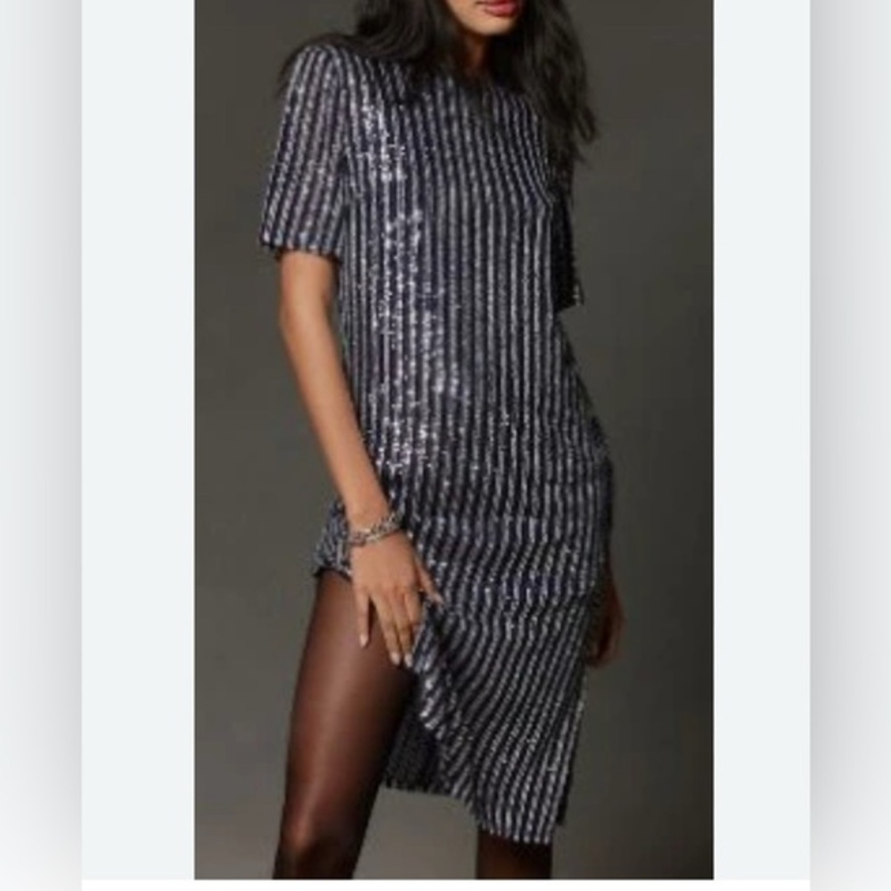 Anthropologie Flat White Short-Sleeve Sequin Stripe Midi Dress size XS - NWT